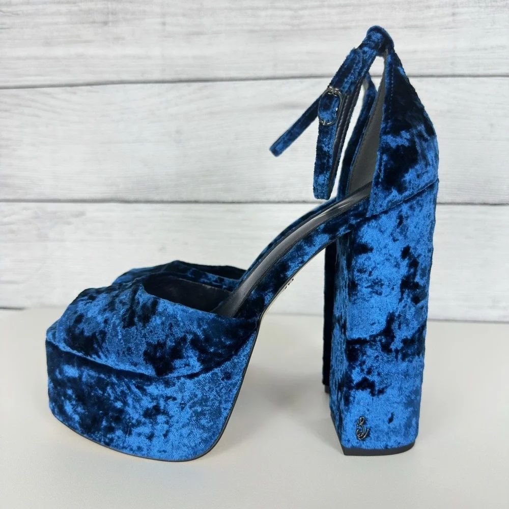 Sam Edelman Kori Platform Heels‎ Blue Velvet Ankle Strap Open Toe Size 7 Bratz